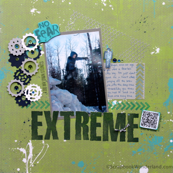 Scrapbook layout of young boy jumping off a snowbank into deep snow.