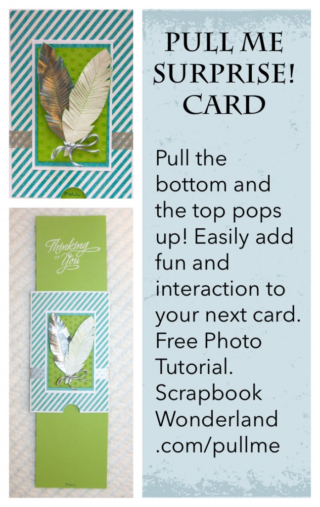 PULL me surprise card. This card is like magic! Pull the tab at the bottom and a piece pops up at the top too! PHOTO TUTORIAL on the site!