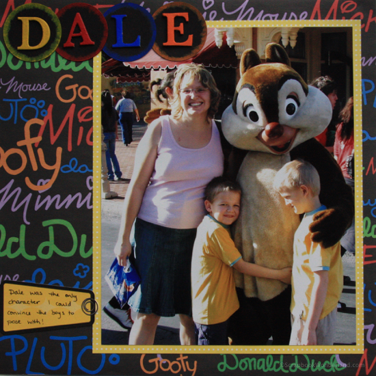 Chip and Dale (this is Dale) Disney character scrapbook layout using a large 8x10 photo.