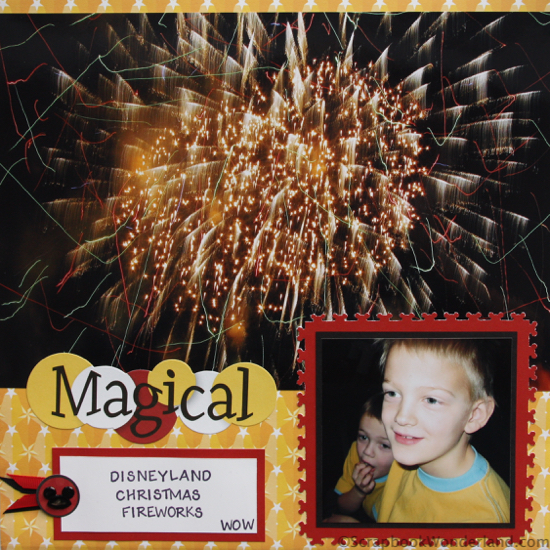 This Magical Disney Scrapbook Layout features a large 8x12 photo of the fireworks. 