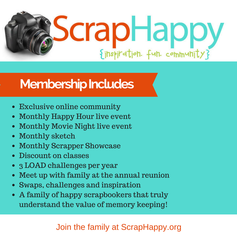 The ScrapHappy membership is a family of scrapbookers that create real friendships and motivate each other to scrapbook their stories. There are many perks of membership; live events, LOAD (layout a day) challenges, reunions and more. #scraphappyfamily #scrapbooking #community 